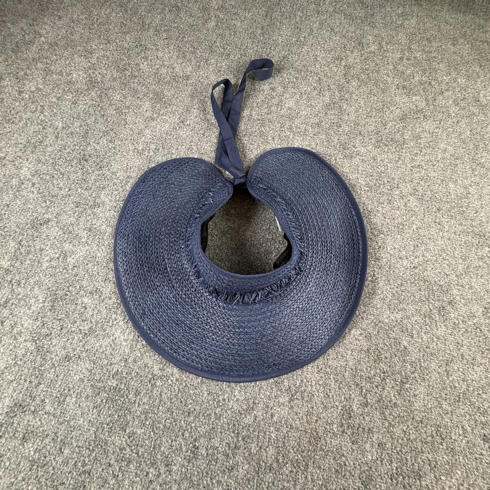 Mud Pie Sun Visor Women's Navy Blue Paper Straw Wide Brim Beach Packable Fringed